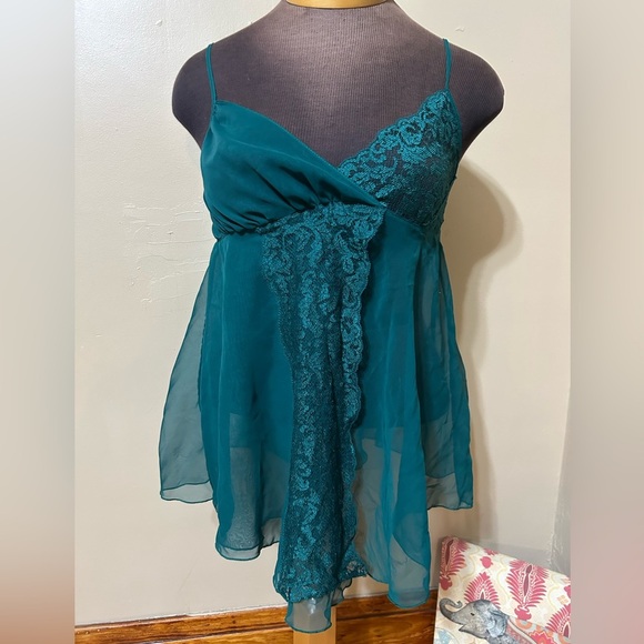 Vintage Victoria Secret Ultra Sheer Lace Babydoll Nightie Green Chiffon Medium - Picture 1 of 7
